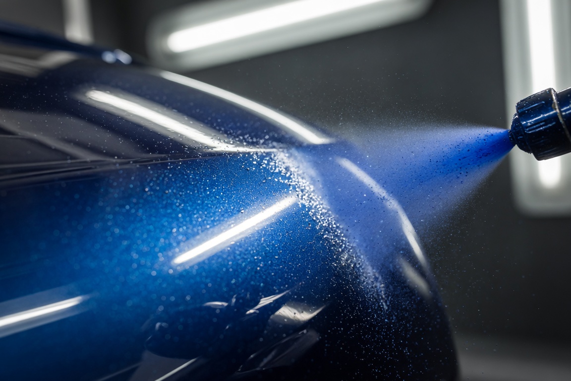 Metallic blue paint being sprayed on a car panel